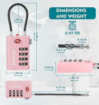 ANVIL 4 Digit Luggage Locks, TSA Locks for Luggage, Advanced TSA008 core, Alert Indicator for Your Travel Lock, Suitcase Lock. (4, 4 Colors)