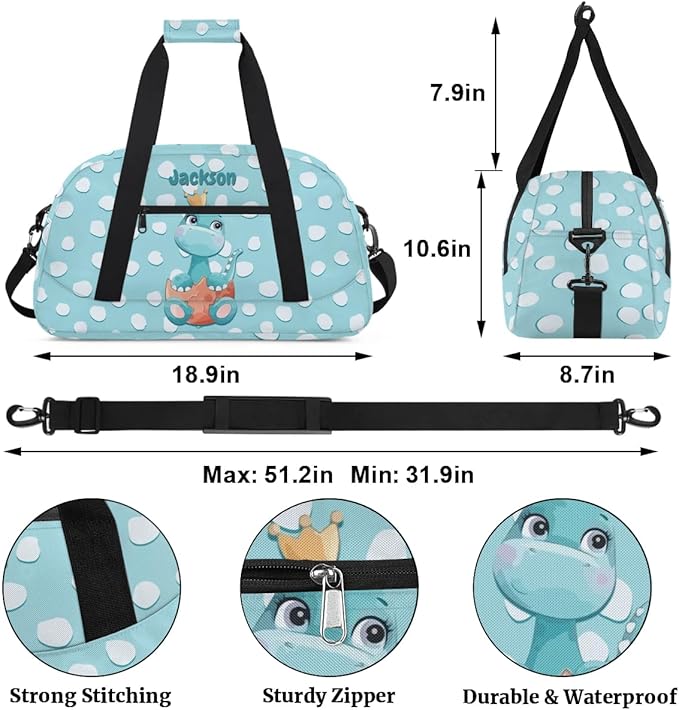 Personalized Duffel Bag for Kids Girls Boys, Dinosaur Spot Custom Name Gym Bag Overnight with Padded Handles Carry On Weekend Sports Travel Bag for School Practice Gymnastics Ballet