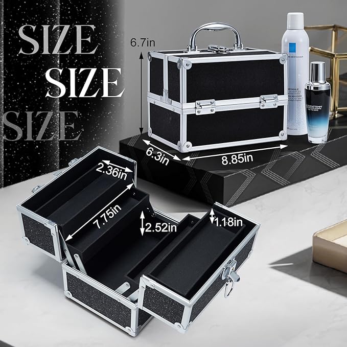 FRENESSA Makeup Train Case Portable Makeup Case Organizer Cosmetic Box Make Up Box Makeup Organizer Cosmetic Storage Cases with Locking Nail Kit Organizer Travel Case Black
