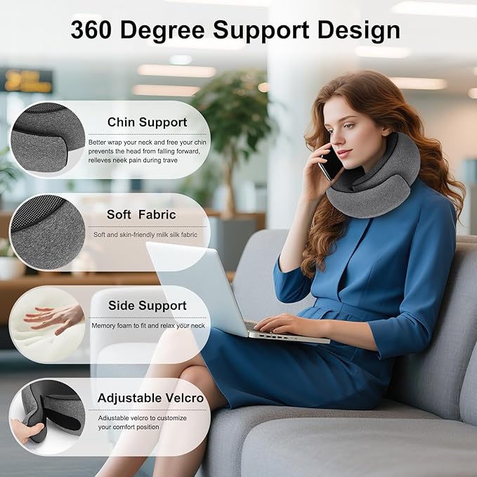 Travel Pillow for Airplane, Neck Pillow 100% Memory Foam with Comfortable Support for Long Flights, Cars, Trains Office & Home with Storage Box(Grey)