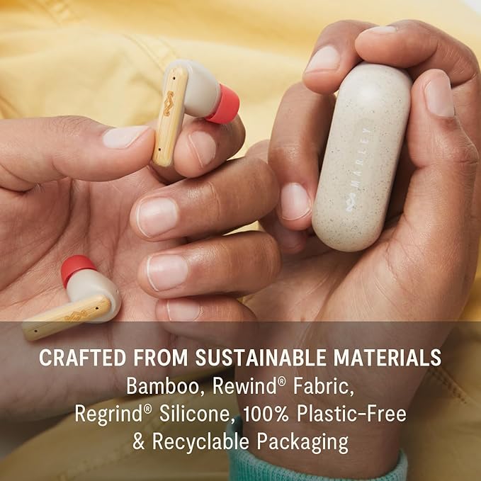 House of Marley Little Bird True Wireless Earbuds, Touch Controls, Built-in Mic, 24 Hours Playtime with Case, USB-C Quick Charge, Sustainable Materials, Movie and Gaming Mode, Cream