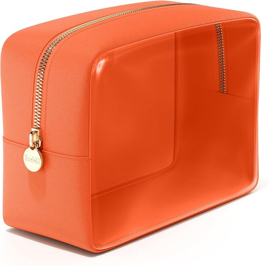 Embla London Makeup Bag Cosmetic Case, Clear Zipper Make Up Pouch and Toiletry Travel Tote, Cute Skincare Pouches for Women Girls, Preppy Purse Cosmetic Organizer, Large Makeup Bags, Peach