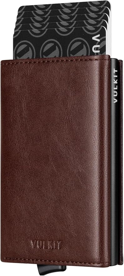 VULKIT Pop up Card Wallet Minimalist Cash Wallets RFID Blocking Leather Smart Credit Card Holder with ID window for Men (Espresso)