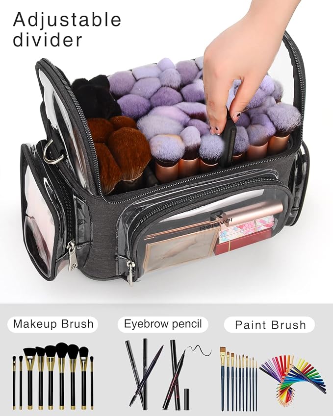 Relavel Extra Large Makeup Case Professional Cosmetic Storage Organizer Box Brush Holder with 4 Clear Set Bags & Lipstick Plate & Clear Makeup Brush Case for Makeup Artists Black