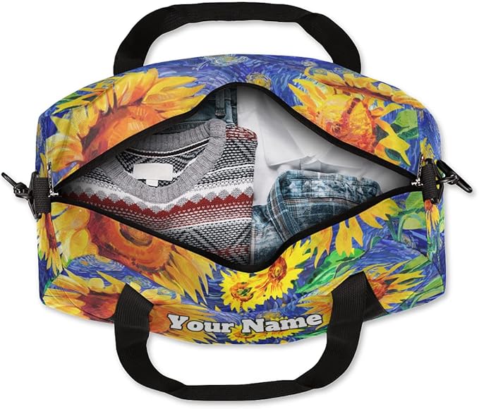 Custom Your Name Oil Painting Sunflower Personalized Text Gym Duffle Bag for Kids,Sports Bag for Teens Boys & Girls Small Waterproof Overnight Weekender Carry School Practice Travel Bag