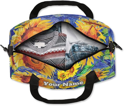 Custom Your Name Oil Painting Sunflower Personalized Text Gym Duffle Bag for Kids,Sports Bag for Teens Boys & Girls Small Waterproof Overnight Weekender Carry School Practice Travel Bag