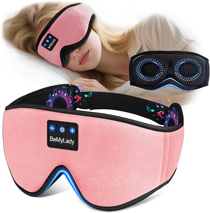 Sleep mask Headphones,100% Blackout 3D Zero Eye Pressure Bluetooth Sleep mask Breathable Eye mask with Bluetooth Headphones Sleep Headphones for Side Sleepers, 14H Playtime&Bluetooth 5.4 Pink