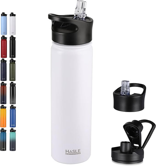 HASLE OUTFITTERS Insulated Water Bottle 22 oz Double Wall Stainless Steel Water Bottle Wide Mouth with Straw Lid & Spout Lid Keeps Cold or Hot(White,1)