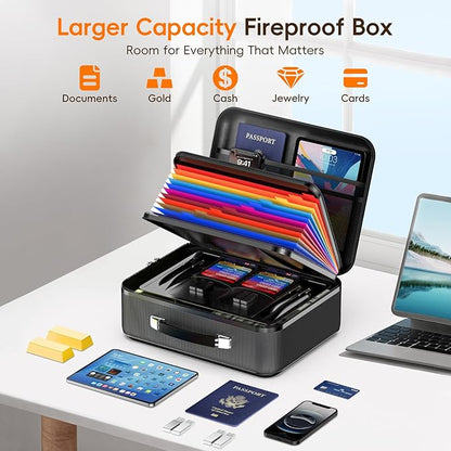 Fireproof Document Box with Lock, Waterproof Hard Shell File Organizer with Accordion Folder, Portable Fireproof File Safe Box for Home Office Storage of Documents, Laptop, Cash & Passports