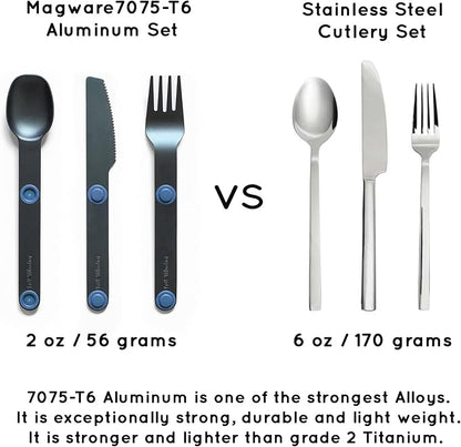 FULL WINDSOR - MAGWARE Magnetic Camping Cutlery Set - Travel Utensils for Camping, Cooking, and Outdoor Dining - Knife, Fork & Spoon - Portable Silverware with Pouch - Blue (3 PCS)
