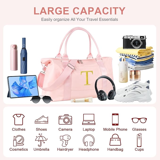 Personalized Initial Gym Dance Bag, Travel Duffel Bag for Teen Girls, Carry On Bag Overnight Weekender Bag with Trolley Sleeve, Birthday Gifts for Women Mom Daughter Graduation Gift(Letter T, Pink)