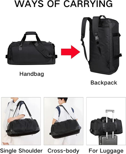 Travel Duffle Bag Backpack for Men Women, 50L Sports Gym Bags with Shoe Compartment & Wet Pocket, Waterproof Carry On Bag Backpack for Workout, Fitness, Overnight Trips Black