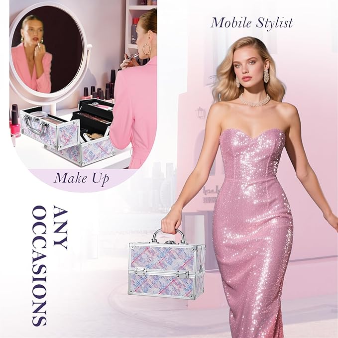 FRENESSA Makeup Train Case 8.85 Inch Portable Makeup Case Organizer Cosmetic Box Make Up Box Makeup Organizer Cosmetic Storage Cases with Locking Nail Kit Organizer Small Travel Case Pink Plaid