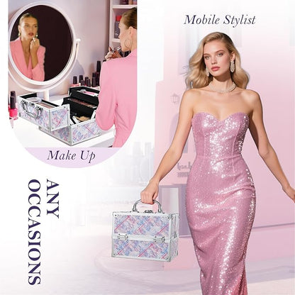 FRENESSA Makeup Train Case 8.85 Inch Portable Makeup Case Organizer Cosmetic Box Make Up Box Makeup Organizer Cosmetic Storage Cases with Locking Nail Kit Organizer Small Travel Case Pink Plaid