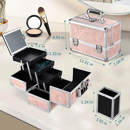 Travel Makeup Case with LED Lighted Mirror - 11.6" Portable Makeup Organizer Box, Cosmetic Train Case with Detachable Brush Holder - Fluid Pink
