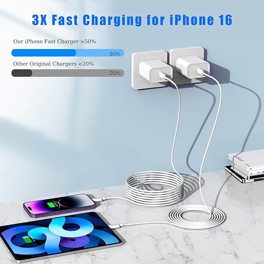 USB C Charger for iPhone 16 Fast Charging,2 Pack 20W Type C Apple Wall Charger Block with 2Pack 10 Foot Extra Long 60W USB C to C Cable Cord for iPhone 16/16Pro/15,iPad Pro 12.9/11,Air 5/4, Mini