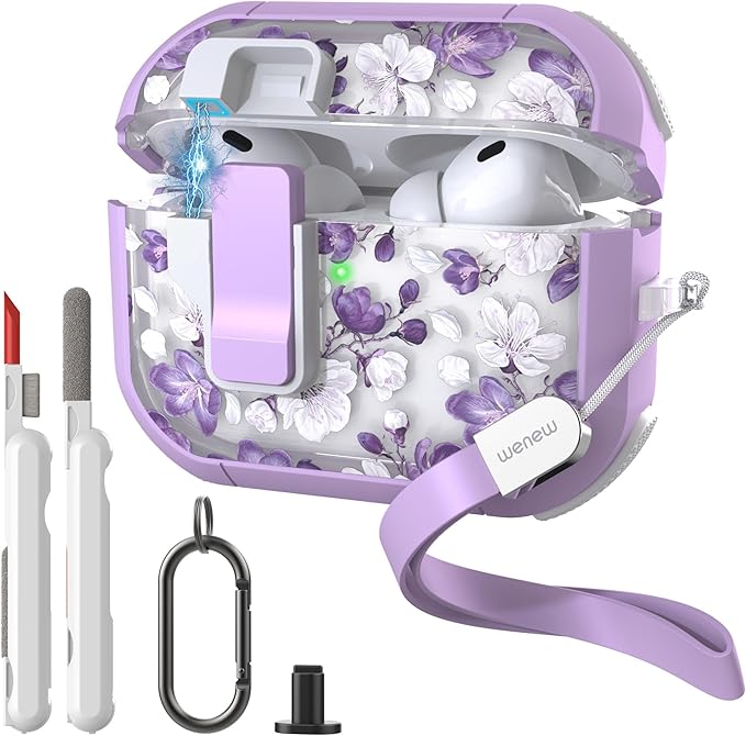 WENEW for AirPods Pro 3 Case (2025) Cover Secure Lock Automatic Snap Switch Clip Cleaner Kit Lanyard Women Stylish Flower Hard Shell Full Body Front LED Visible (Purple Flower, AirPods Pro 3)
