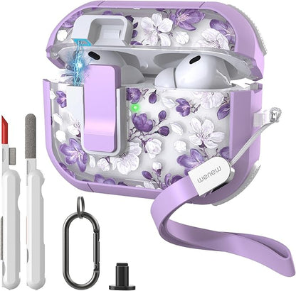 WENEW for AirPods Pro 3 Case (2025) Cover Secure Lock Automatic Snap Switch Clip Cleaner Kit Lanyard Women Stylish Flower Hard Shell Full Body Front LED Visible (Purple Flower, AirPods Pro 3)