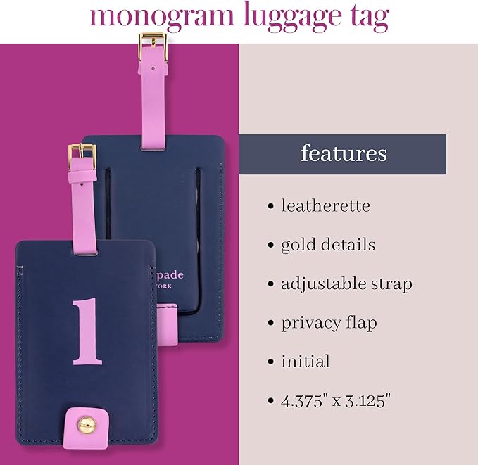 Kate Spade New York Leatherette Luggage Tag with Secure Strap, Colorful Suitcase Identifier for Travel, Monogram Bag Tag ID (L)