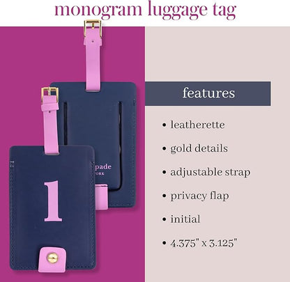 Kate Spade New York Leatherette Luggage Tag with Secure Strap, Colorful Suitcase Identifier for Travel, Monogram Bag Tag ID (L)
