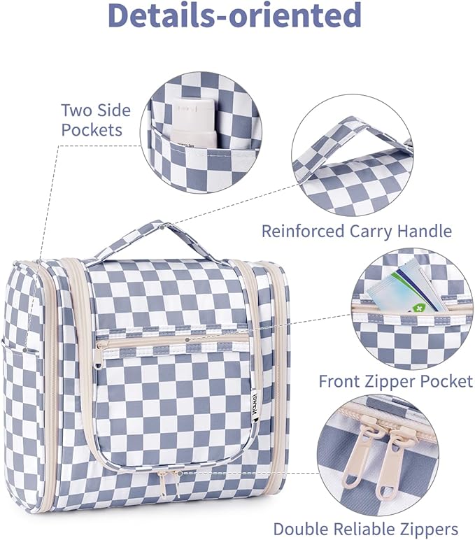 Narwey Checked Hanging Travel Toiletry Bag for Women, Travel Bag for Toiletries, Makeup Bag Organizer Cosmetic Bags Make Up Bags for Women (Grayish Blue Checkerboard)