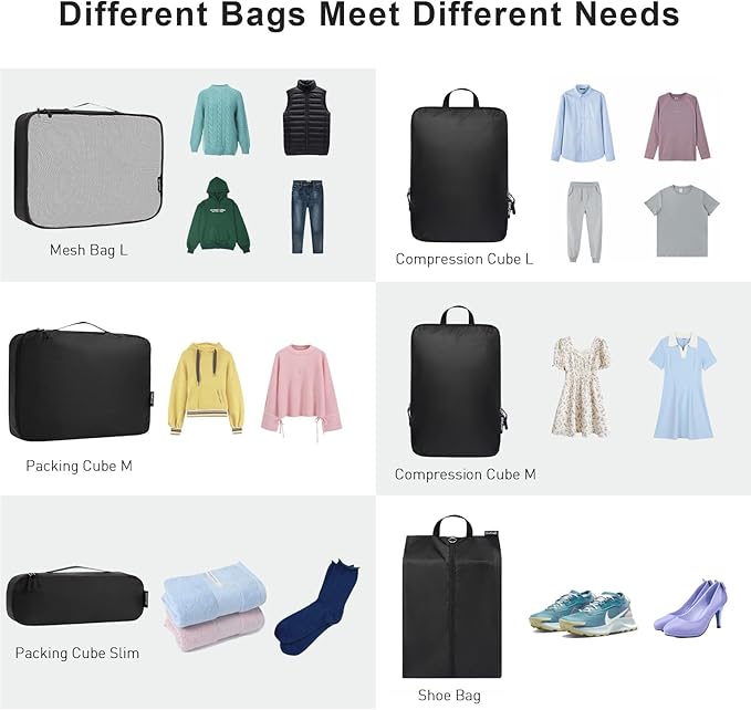 Bagail Ultralight Compression Cubes 7 Set - 3 Packing Cubes, 3 Organizers, and 1 Shoe Bag