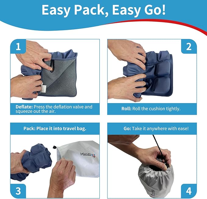 Inflatable Travel Seat Cushion with Built-in Pump & Carry Bag (Blue Cushion with Silver Storage Bag)