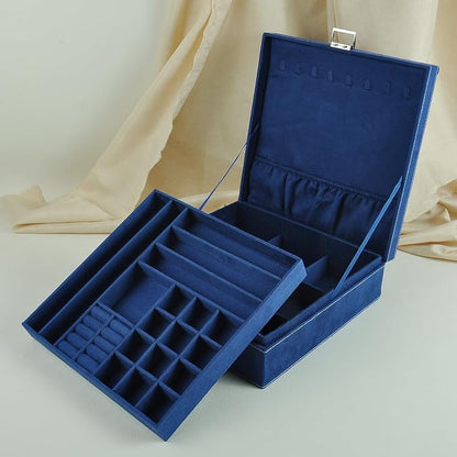 Jewelry Boxes 10 x 10 Inches 2-layer Handle Necklace Holder Organizer Jewellery Women Rings Storage Display Girls Earrings Case Lockable Jewelry Tray GY641 (Navy)