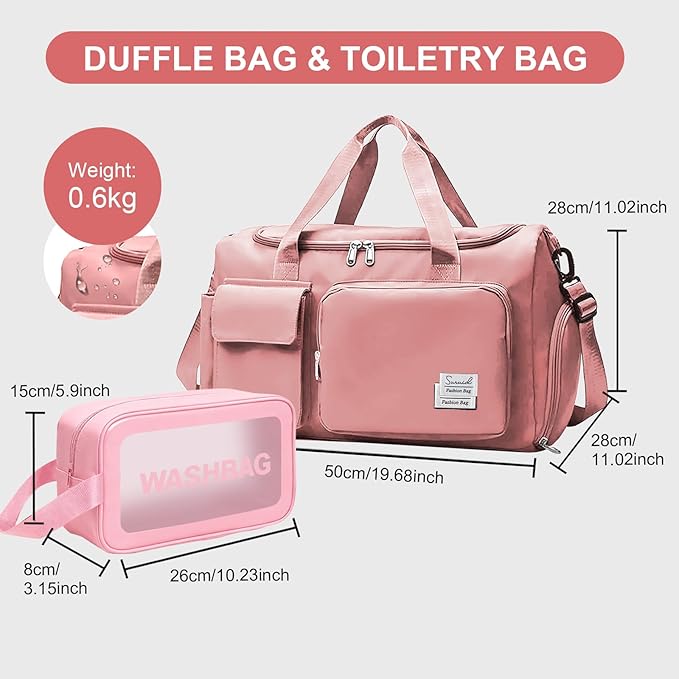 Gym Bag for Women Men, Travel Duffle Bag Large Capacity Carry On Weekender Bag With Shoe Compartment Gym Tote Dry Wet Separation Duffel Bag with Makeup Bag, Pink