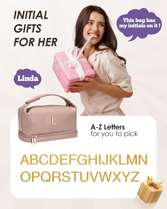 Teacher Appreciation Gifts, Personalized Makeup Bag with Handle, Initial Double Layer Cosmetic Bag with Makeup Brush Organizer, PU Leather Travel Toiletry Bag, Gifts for Friends Female Mom