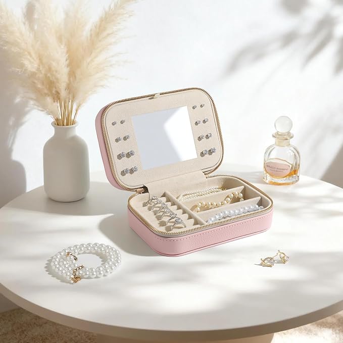Genuine Leather Travel Jewelry Organizer Case with Mirror for Women, Small Mini Portable Jewelry Box for Ring Earrings Necklace Bracelet Luxury Gift for Women（Pink）