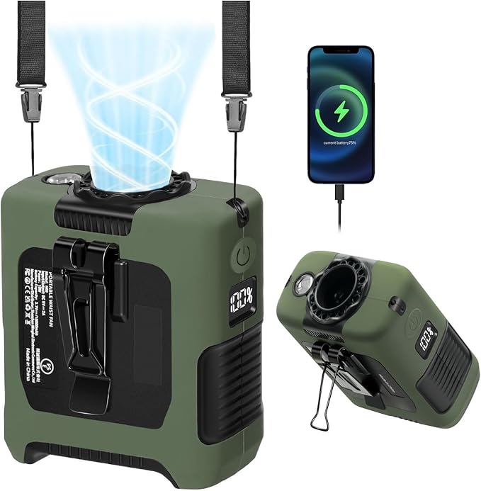 Portable Fan Wearable Personal Fan with 5 Speed Max 55 Working Hours Low Noise Portable Neck Fans Cooling Waist Fans for Camping Traveling LED Power Display 10000mAh Rechargeable (Dark Green)