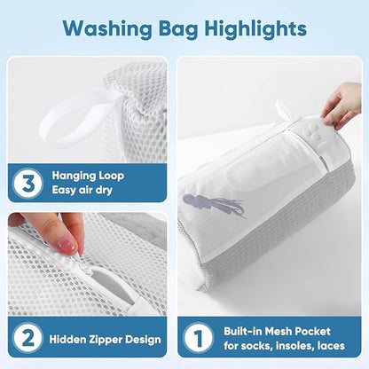 Shoe Washer Machine Bag 2Pack - Reusable Shoe Laundry Bag with Mesh Socks Washing Bag - 360°Deep Protective Cleaning Bags for Sneakers Delicate Footwear - Home Dorm Travel Essentials, Grey