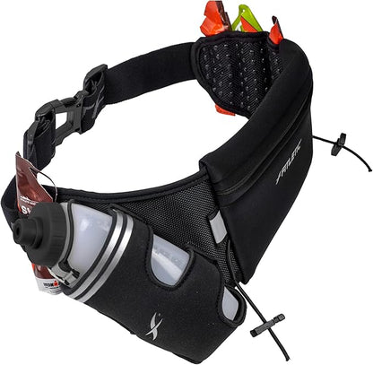 Fitletic Hydration Running Belt With 12oz Quick Flow Water Bottle For Men & Women –Race Belt, Gel Holder & Bib Toggles Patented Bounce Free Design, Water Resistant Fits All Phones –Fully Loaded