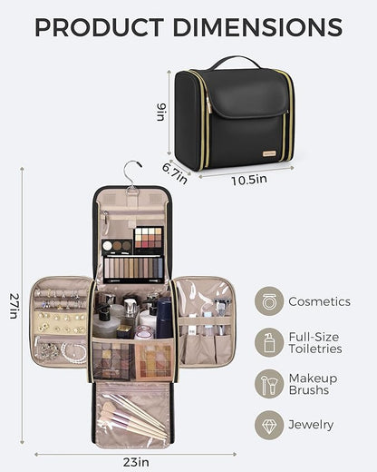Hanging Toiletry Bag, PU Leather Makeup Bag Large Capacity with Jewelry Organizer for Brushes Set, Cosmetic Accessories, Black