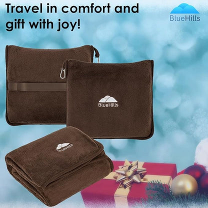 BlueHills Premium Soft Travel Blanket Pillow Airplane Blanket Soft Bag Pillow case with Hand Luggage Belt and Backpack Clip Compact Pack Large Portable Throw Air Plane Flight Travel (Brown T009)