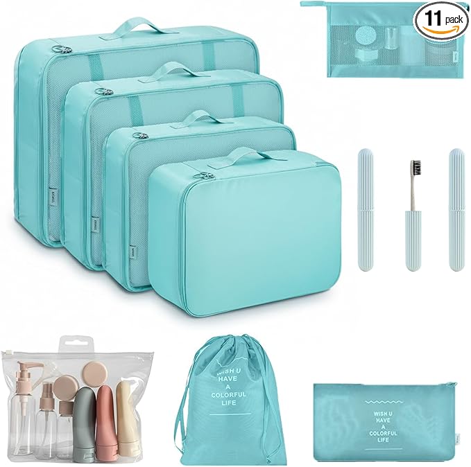 11 Set Packing Cubes for Travel,Gifts for Women Mom,Anti-Tearing Suitcase Organizer for Luggage with Shoe & Hanging Toiletry Bag, Toiletries Travel Bottles, 3 Portable Toothbrush Cases