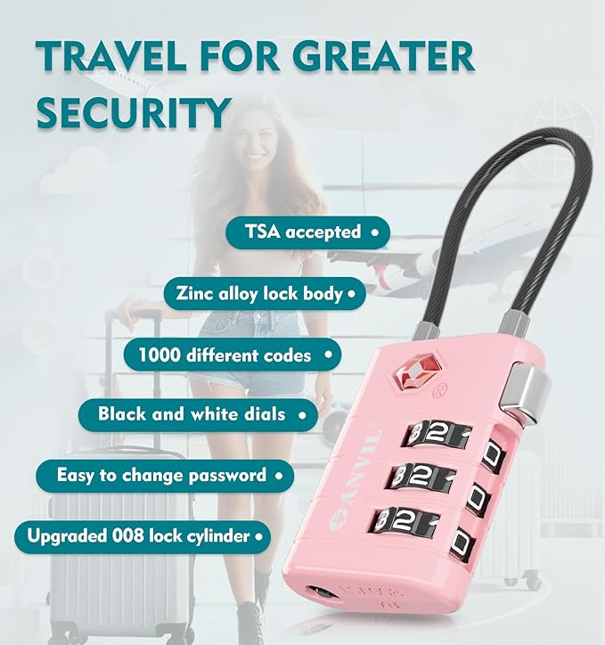 ANVIL TSA Approved Luggage Locks – High Security TSA008 Combination Travel Locks with Inspection Indicator for Suitcases and Backpacks. (3, Pink)