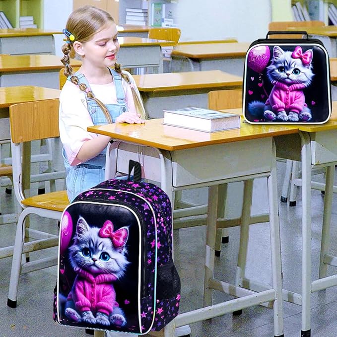 WZLVO 3PCS Girls Cat Bookbag Set, 16" Glittery UV Printing Kids Backpack/School Bag with Lunch Box & Pencil Bag for Preschool to Elementary - Pink Well-Behaved Cat