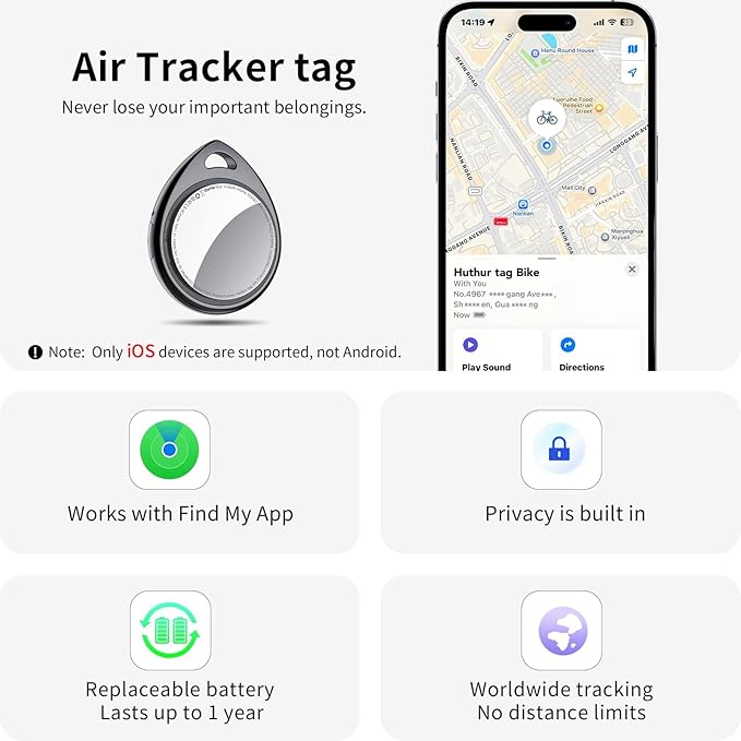 Air Tracker Tags 3 Pack Deep Black, 5.3 Bluetooth Tracker Work with Apple Find My (iOS Only), 100dB Sound, Smart Tag with Keychain/Lanyard, Item Finder for Luggage/Key/Suitcase, Replaceable Battery