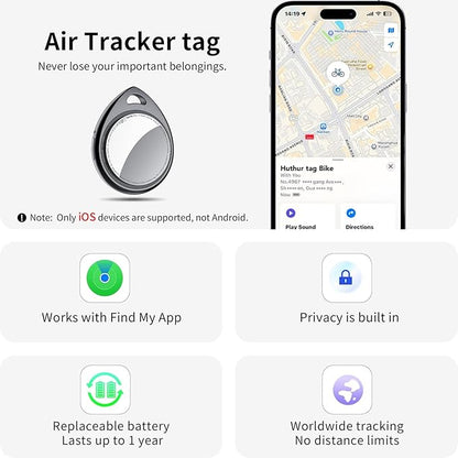 Air Tracker Tags 3 Pack Deep Black, 5.3 Bluetooth Tracker Work with Apple Find My (iOS Only), 100dB Sound, Smart Tag with Keychain/Lanyard, Item Finder for Luggage/Key/Suitcase, Replaceable Battery