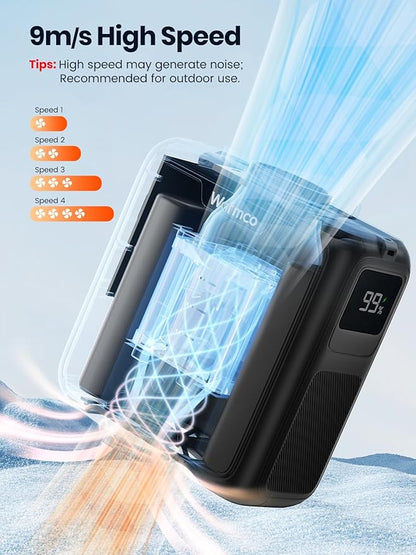 Warmco Portable Waist Fan,10000mAh Rechargeable Clip On Belt Fan with LED Light, 4 Speeds & 16000RPM Strong Airflow Wearable Neck for Camping, Outdoor, Hiking