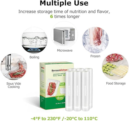 [2025 Upgraded] Bonsenkitchen 6 Rolls 11" x 16' Vacuum Sealer Bags for Food with a Color Box, Easy to Store, Commercial Grade, BPA Free, Great for Food Storage or Sous Vide, VB21