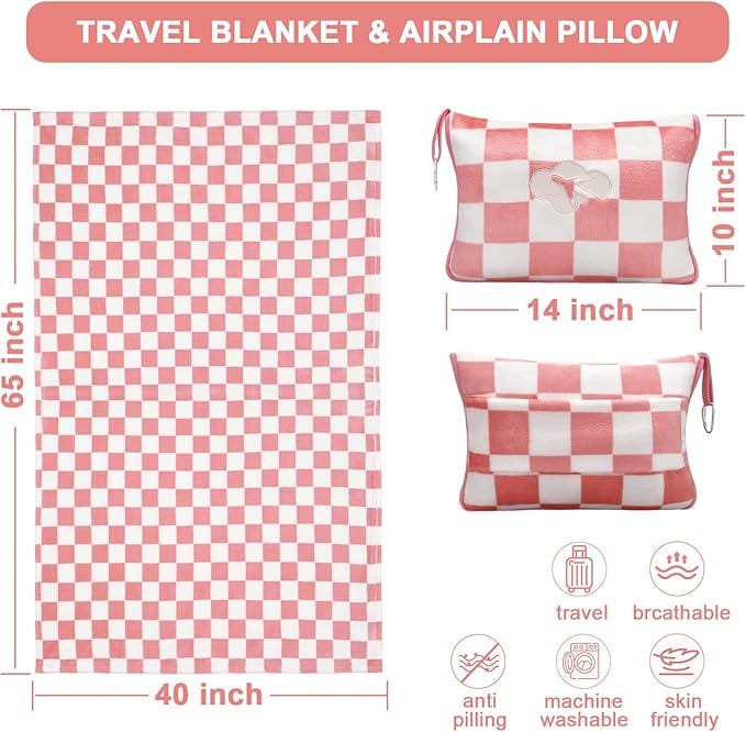 Travel Blanket and Pillow Compact, Premium Soft 2 in 1 Airplane Blanket with Soft Bag Pillowcase，Hand Luggage Sleeve and Backpack Clip (Ckeckered Pink)