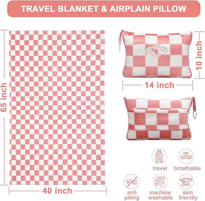 Travel Blanket and Pillow Compact, Premium Soft 2 in 1 Airplane Blanket with Soft Bag Pillowcase，Hand Luggage Sleeve and Backpack Clip (Ckeckered Pink)