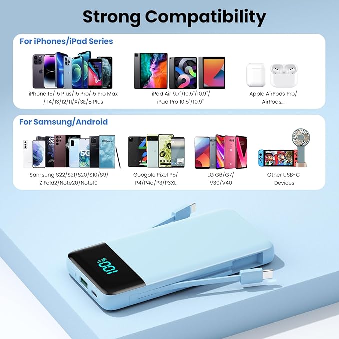 Portable Charger for iPhone with Built in Cables and Wall Plug,Upgraded 13800mAh Fast Charging USB C Power Bank,4 Outputs Travel Essential Battery Pack Compatible with iPhone 17/16/15/14,-Light Blue