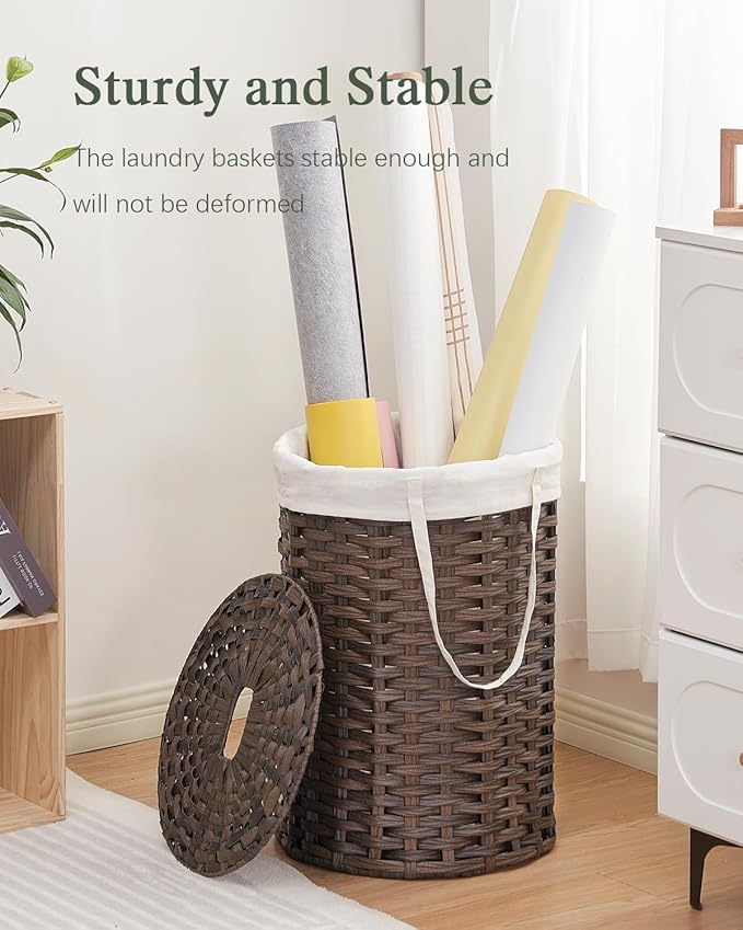 Laundry Hamper with Lid, 19.0 Gal (72 L) Round Wicker Laundry Basket, Handwoven Rattan Basket with Lid, Removable Bag, 2 Mesh Bags, Handles for Living Room, Bathroom, Brown