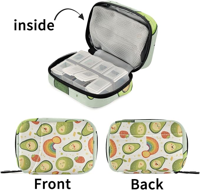Avocados Rainbows White Cute Pill Organizer Weekly Travel Pill Box 7 Day Large Capacity Pill Dispenser Case with 8 Pill Container Daily Pill Box Organizer Vitamin Holder Pill Bot