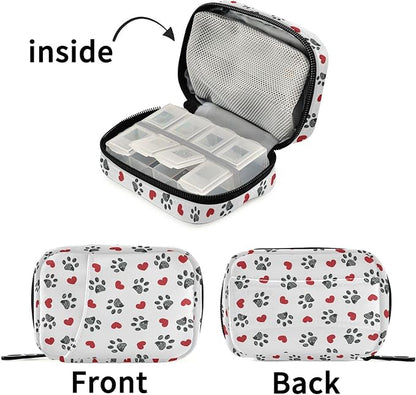 Fustylead Paw Print with Red Hearts Travel Pill Organizer Case Zipper for Purse with Removable Weekly Pill Box for Medicine, Vitamin, Supplement Medicine Organizer