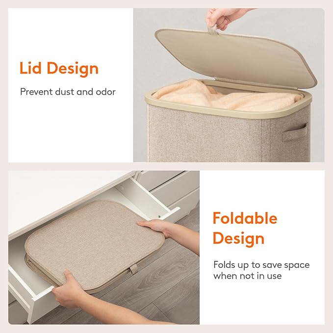 Lifewit 105L Laundry Basket with Lid, Large Laundry Hamper with Plastic Handles and Removable Bag, Foldable Tall Dirty Clothes Hampers for Laundry for Laundry Room, Bedroom, Bathroom, Dorm, Beige